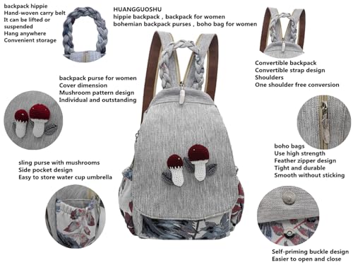 Image of Boho Backpack Purse for Women Girl's Mushrooms | Adjustable Strap, Sling Bag, Embroidered Woven Canvas, Woven Cotton, Small