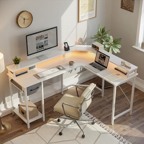 Image of CubiCubi 59 Inch L Shaped Desk with USB Charging Ports and LED Lights, Corner Computer Desk with Drawer and Storage Shelf, Home Office Desks with Monitor Stand and Power Outlets, White