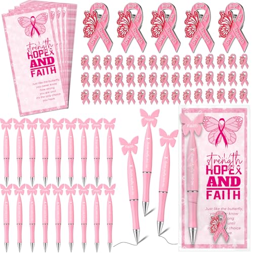 72 Set Breast Cancer Awareness Gift Include No One Fights Alone Pens Pink Ribbon Butterfly Pin Faith Inspirational Card Breast Cancer Awareness Supplies Be Aware Survivor Gift