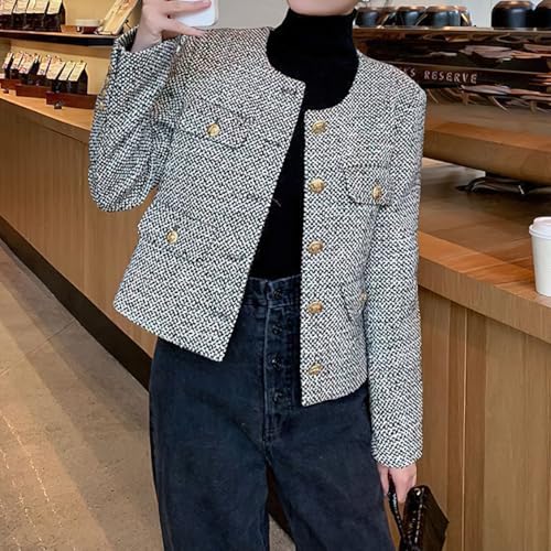 chouyatou Womens Elegant Business Casual Crop Plaid Tweed Blazer Jacket Open Front Short Button Down Suit2