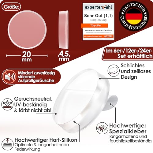 WEIDEBACH® 6x Dezente Türpuffer Transparent, Türstopper Wand Selbstklebend 20x5 mm, Elastikpuffer für Bad, Glasflächen, Wände, Gummistopper, Klebepunkte