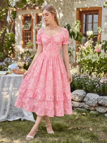Image of Scarlet Darkness Women Floral Maxi Dress Puff Sleeve Tea Party Corset Dress | Pockets, Ruched Bust, Ruffled Hem, for Cottagecore Fairy Milkmaid Vacation
