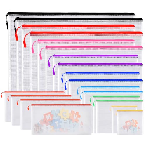 Eldvinur - Eldvinur 20Pcs Document Wallets Zip Lock File Folders 9 Multi Sizes Mesh Zip Wallets Waterproof Organizing Bags for School Office Supplies Travel Accessories Home