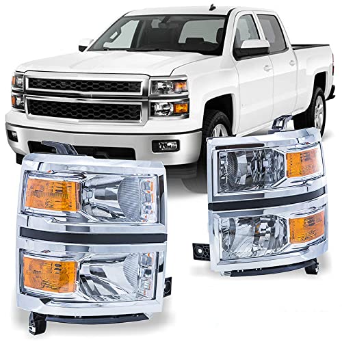 CPW Factory Style Headlights Assembly for 2014-2015 Chevy Silverado 1500, Headlamps Replacement High Low Beam / Amber Reflector 1 Pair Left Driver + Right Passenger Side Chrome Housing Clear Lens