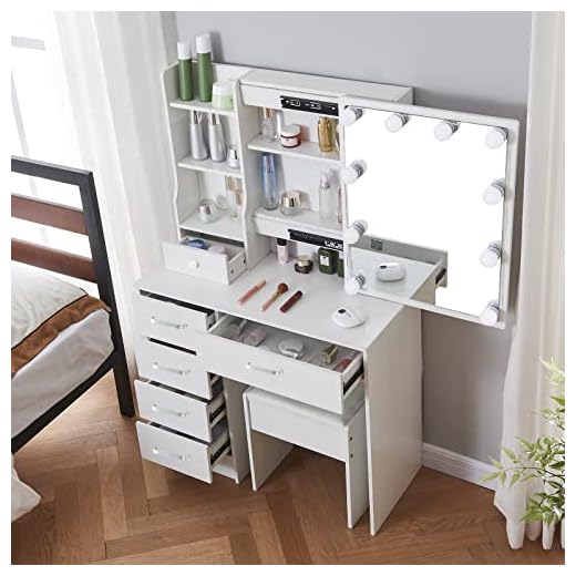 Caulitar Modern Makeup Vanity Set with Lighted Mirror 10 Bulbs and Cushioned Stool, White Dressing Table with 5 Storage Drawers and Cabinets, Dresser Desk for Girls Bedroom