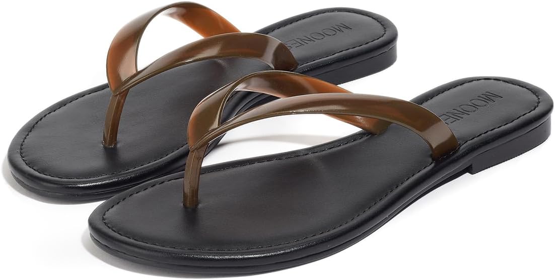 Flip Flops for Women Jelly Slim Thong Sandals Minimalist Essentials Flat Sandals Summer Beach Travel Walking Slides with Vegan Leather 6 Brown