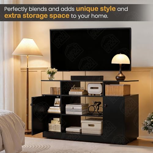 Image of ABOUT SPACE TV Unit - Engineered Wooden TV Stand with Adjustable Shelf Storage Cabinet with Door for Console, Home Theatre, Books for Living Room - DIY Entertainment Unit for 32-50 Inch - Black