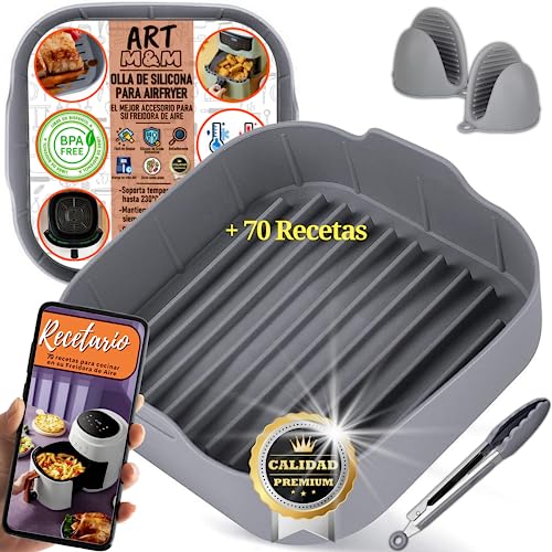 ART M&M® Molde Silicona Freidora de aire| Accesorio Freidora sin aceite| Olla Freidora de aire +RECETARIO Digital| Bandeja silicona Freidora aire| 4,7 a 6L Cuadrada| Airfryer |Guantes Silicona| Pinzas