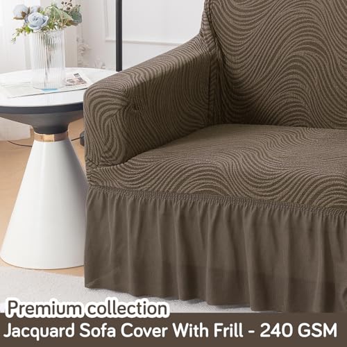 Image of HOKIPO 240 GSM Premium Jacquard Fully Covered Stretchable Sofa Cover for 1 Seater, 'Serene Wave Series' Taupe Brown (AR-6352-LBR)