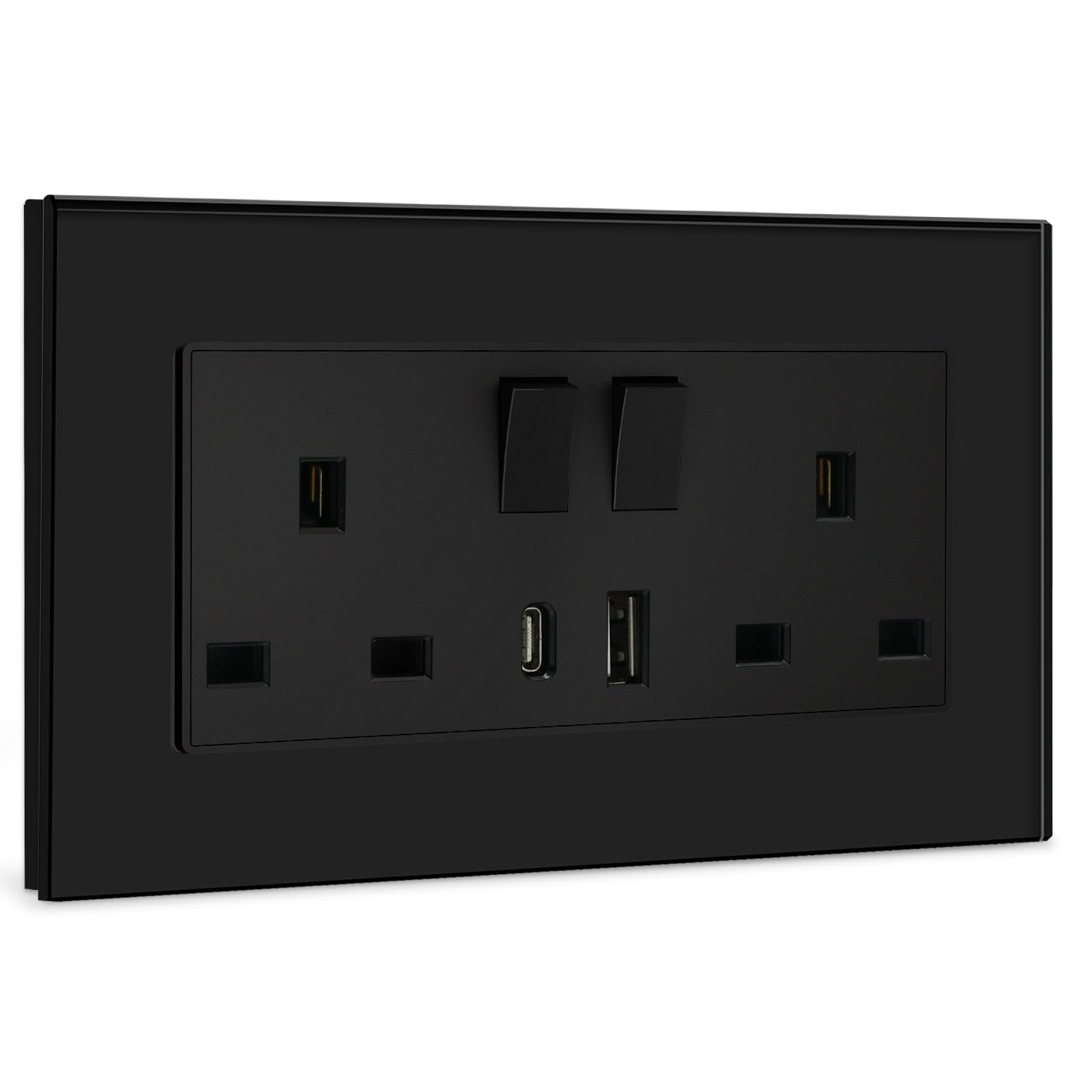 BSEED Double Switched Sockets with USB C and USB A Charging Ports, UK Standard Electric Power Sockets with Glass Panel, 2 Gang 13A Wall Socket, Black — image 1