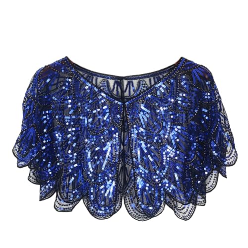 1920s Women’s Shawl Wraps Sequin Beaded Bridal Shawls Flapper Art Mesh Evening Cape Vintage Wedding Fringed Shawl Wrap (Black Blue)