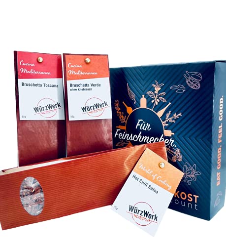 Bruschetta Geschenkbox I Kräutermischung für Männer & Frauen | Bruschetta Toscana 60g - Bruschetta Verde 50g - HOT Chili Salsa 70g | Präsentkorb WürzWerk Cover