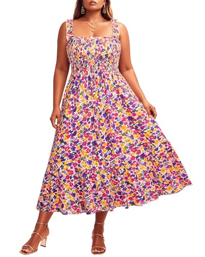 Image of Plus Size Summer Dress - Sun Boho Beach Casual Floral Spaghetti Strap Sleeveless Long Maxi Dresses