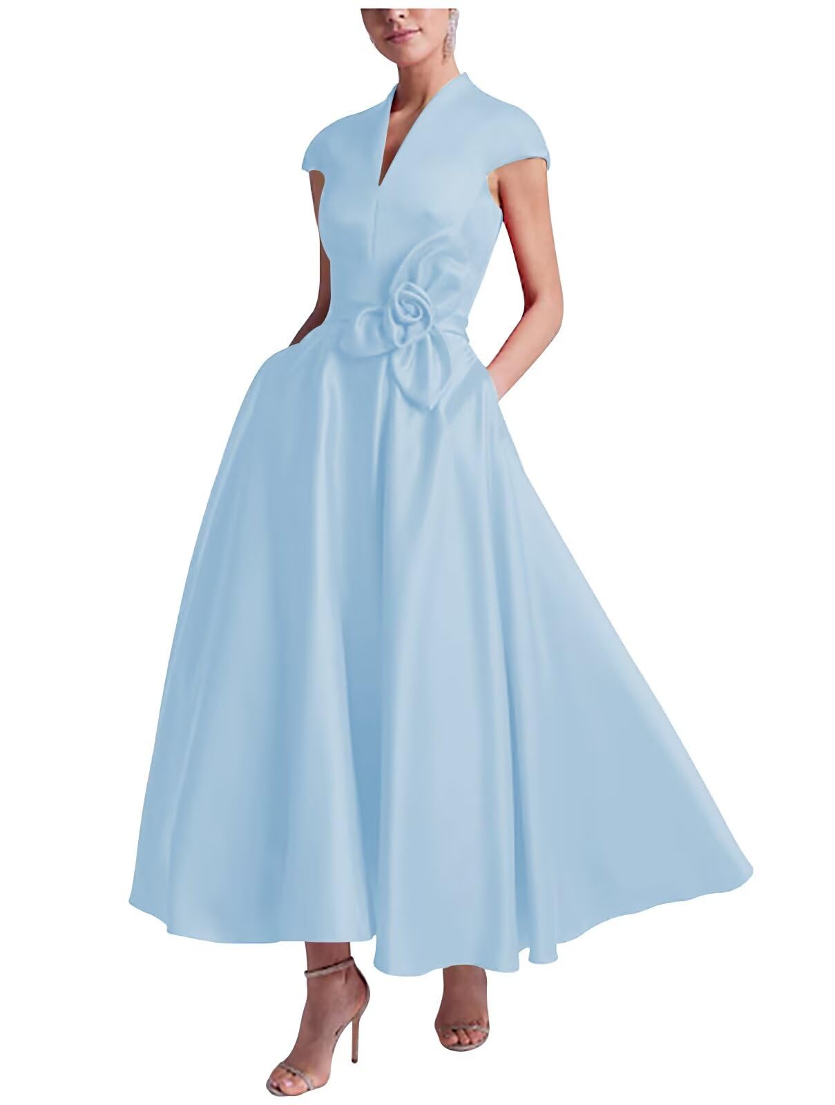 Caodip Satin Mother of The Bride Dresses for Women Tea Length Cap Sleeve Wedding Guest Dress A Line Evening Gown