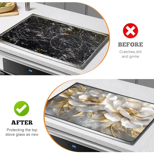 Image of Multi-Design Stove Top Cover for Glass /Electric Stoves - 3-in-1 Heat-Resistant Protector Mat, Non-Slip Drying Rack 28 inchx20 inch (Peony, 28 inch L x 20 inch W)