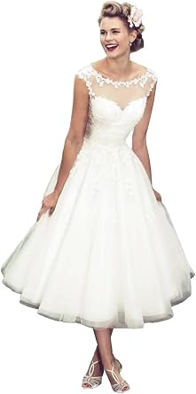 Mauuwy Vintage Tea Length 1950s Wedding Dresses for Bride | Illusion Neck Wedding Gowns, A-line Elegant Tulle Bridal Gown for Beach Country Simple Bridal