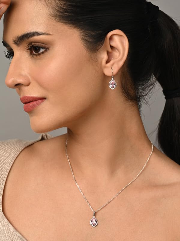 Image of Clara 925 Silver Jino Pink Solitaire Pendant Earrings Chain Ring for Women | Gift for Girl Girlfriend Wife | Rakhi Rakshabandhan Gift for Sister Bhabhi |Platinum Plated | Swiss Zirconia | Jewellery Set