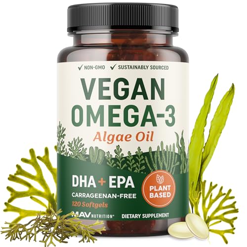 Vegan Omega 3 Algae Oil | Plant Based DHA EPA | Sustainably Sourced, No Carrageenan, Non GMO | Heart, Brain, and Eye Health | Fish Oil Alternative | Algae Omega 3 Supplement | 120 Softgel Capsules