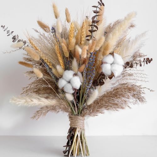 Ensemble de 80 pièces décoration en Pampas bohème, Pampas Naturellement Fleurs séchées Bouquet, Coton, Lavande Eucalyptus Queues de Lapin Blé pour...