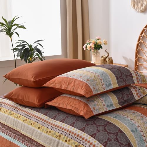Image of Cottolester Boho Comforter Set King Size,8 Pieces Red and Orange Bohemian Striped Bed in a Bag,Paisley Soft Microfiber Bedding Comforter Set