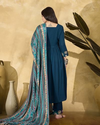 Image of SheWill Women's Mustard American Crepe Zari Sequence Embroidered Alia Cut Kurta with Pant and Dupatta