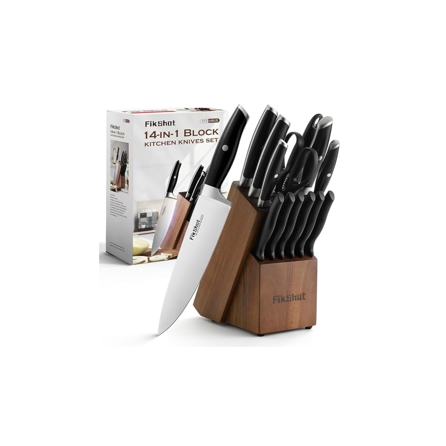 Knife Set 14-Piece Ultra-Sharp Full Tang Chef Knives with Block and Sharpener, High-Carbon Steel Black Handle for Kitchens, BBQs and Feasts, Rust-Resistant, Dishwasher-Safe, Gift for Chefs