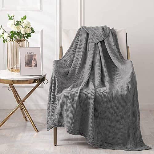 EMME Cotton, Muslin Throw Blanket for Couch Bed 4-Layer Breathable Gauze Blanket for All Season Soft and Lightweight Blankets for Adults (Grey, 55″x75″)
