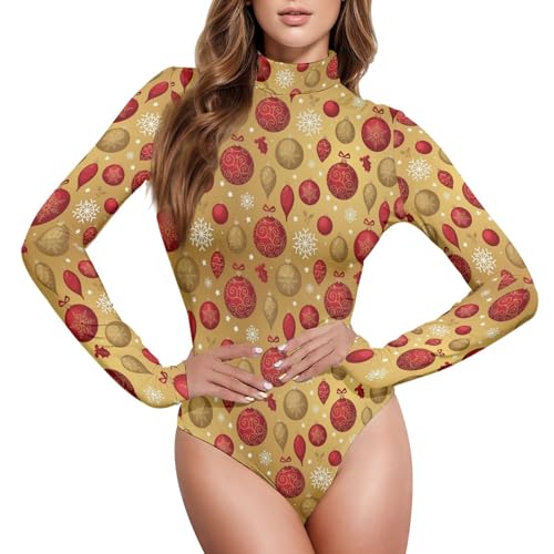 GuoChe Women Mock Turtleneck Tank Top Body Suits Fashion Leotard Tops, Christmas Golden Red Baubles Pattern L