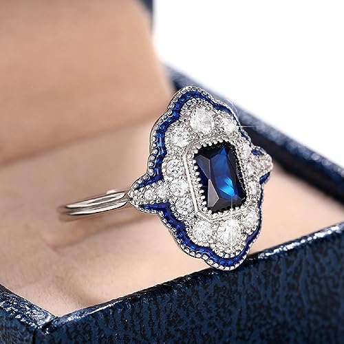 Vintage Turkish Style Peacock Blue Gemstone Ring Jewelry Gift for Women, Court Style Emerald cut Blue & White Cubic Zirconia Wedding Ring Jewelry Size 6-104