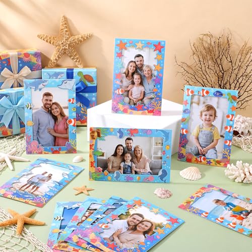 Image of AmazingSpark 50 Pack Ocean Theme Picture Frames 4x6, Under the Sea Paper Photo Frames Bulk, Beach Nautical Frame Decorations for Party, Table Centerpieces, Photo Booth Props & Home Decor