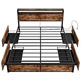 LIKIMIO Queen Bed Frame with Storage Drawer, 2-Tier Storage Headboard with Charging Station, No Box Spring Needed, Easy Assembly, Vintage Brown