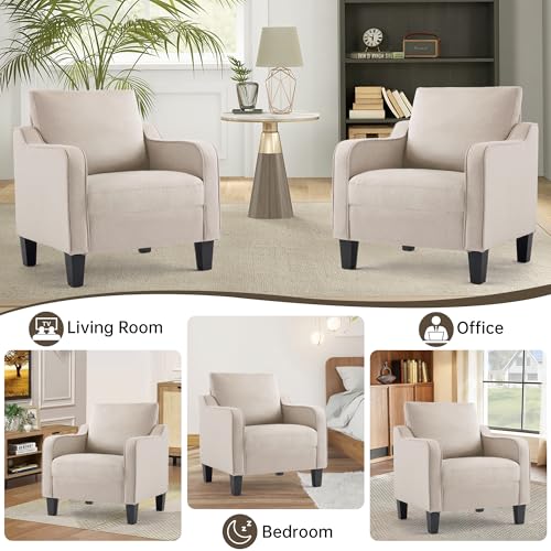 Image of Mid-Century Modern Accent Chairs Set of 2, Living Room Chairs, Comfy Reading Armchair, Upholstered Small Sofa Chair for Bedroom, Office, Beige