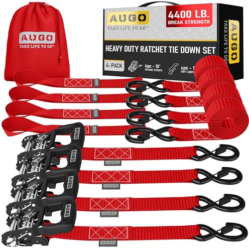 Image of AUGO Heavy Duty Ratchet Straps & Soft Loops - Pack of 4 Extra Strong 1.5 inch by 15' Ratchet Straps w /S-Hook Safety Latches & 4 Soft Loop Tie Downs - 4400Lb Break Strength for Motorcycles, ATVs, Etc.