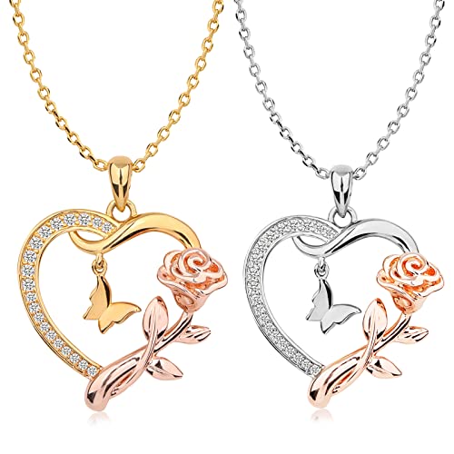 Alsanix Heart Shaped Butterfly Rose Pendant Necklace 925 Sterling Silver, Ladies Heart Necklace 14k Gold Plated, Birthday Jewelry Gift (Gold+Silver)