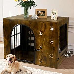 Dog Crate Furniture for Small Medium Dogs, Heavy Duty Wood Metal Indoor Dog Kennel with Bowls, Decorative Pet Cage Dog House as TV Stand, Brown