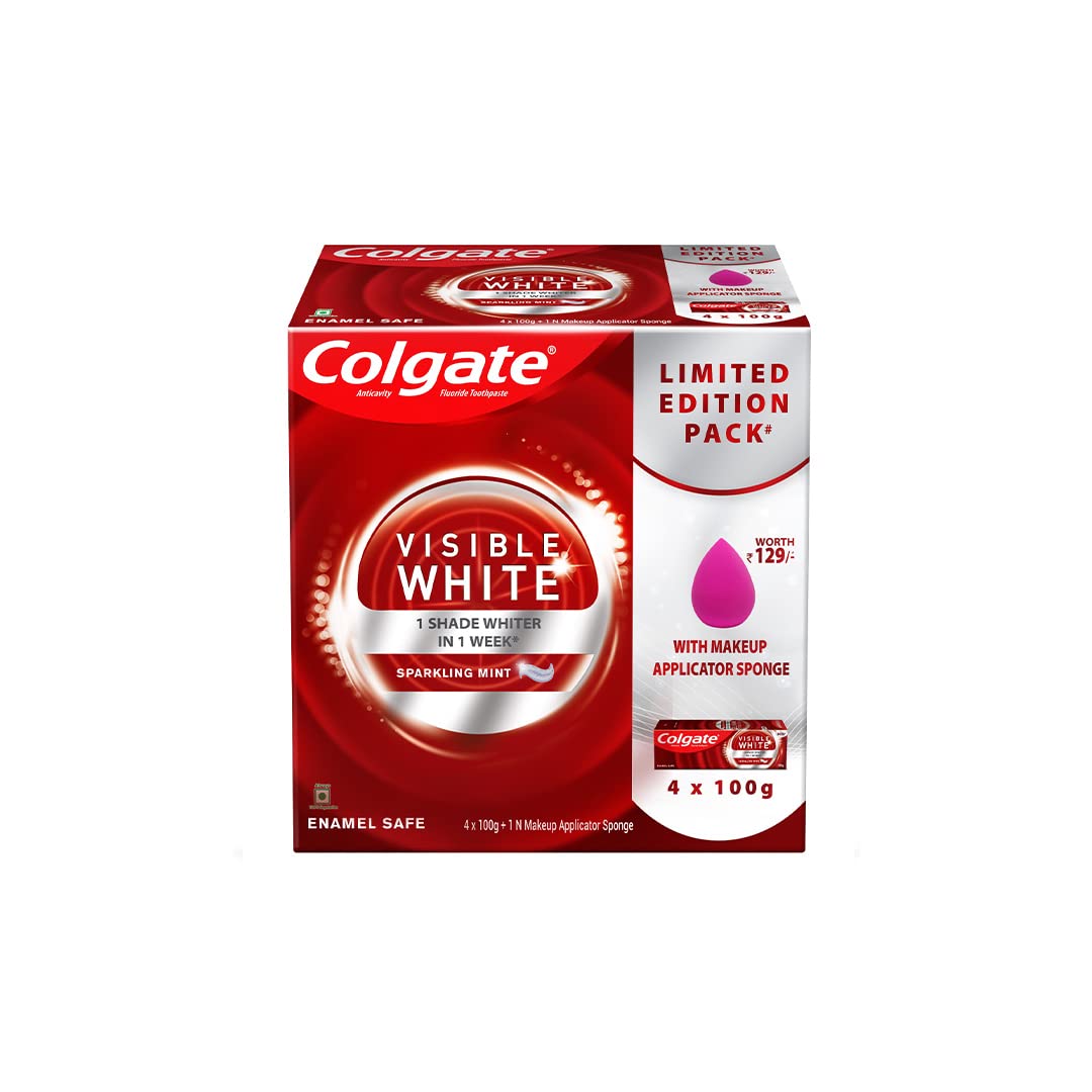 Colgate Visible White Toothpaste with Makeup Applicator Sponge, Teeth Whitening Starts in 1 week - 400gm (4x100g) (Combo Pack Offer) (B0B2JJD77C) Amazon Price History, Amazon Price Tracker