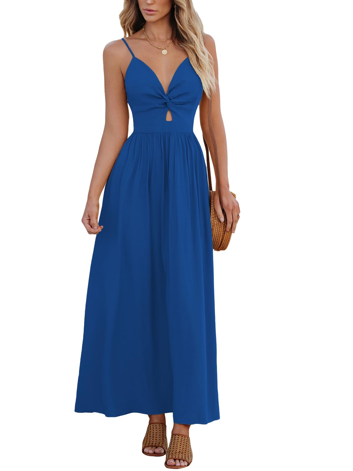 CUPSHE Women's Summer Dress, V-Neck, Twist Front, Boho Strappy Casual Camisole Dress, for Beach, Party, royal