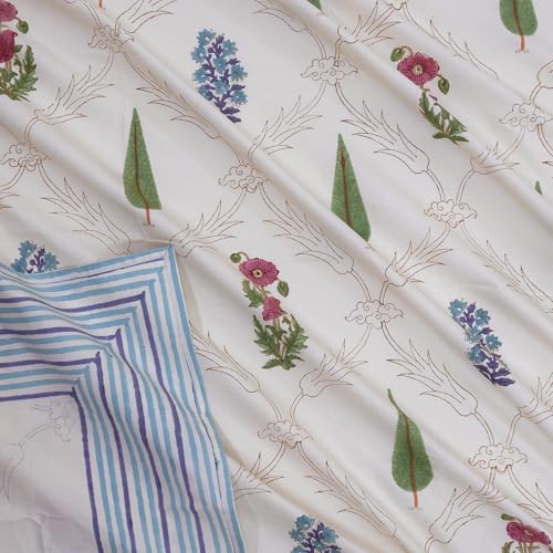 Image of TOAI Hand Block Printed Bedsheet | Bed Spread Flatsheet Bed Sheet | Pure Cotton | Queen Size 90 inchx108 inch | 300 TC Long Staple Cotton | 2 Reversible Pillow Covers |Adil Jaal (Beige Multicolor)