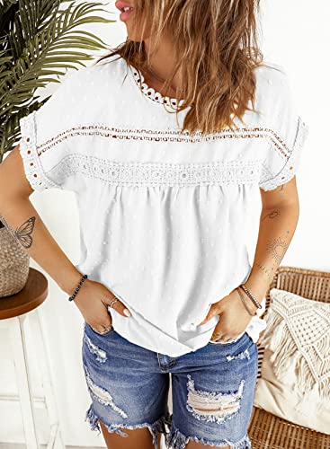 Dokotoo Womens Summer Tops Crewneck Lace Crochet Short Sleeve Shirts Casual Chiffon Blouses3