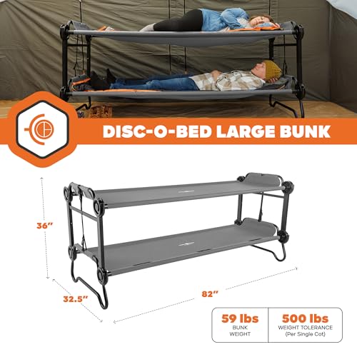Image of Disc-O-Bed Large Outdoor Convertible 2 Person Bench and Double Camping Cot Portable Bed Bunk System for Adults, Grey