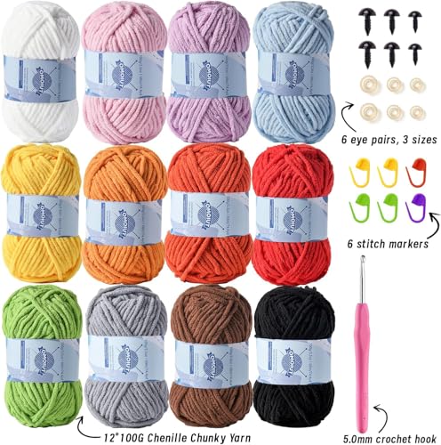 Image of Premier Puzzle 12 Pack Fluff Chenille Chunky Yarn for Crocheting - Baby Crochet Set with Velvet Yarn in Black, White, Purple, Pink, Blue, Coffee, Red, Orange