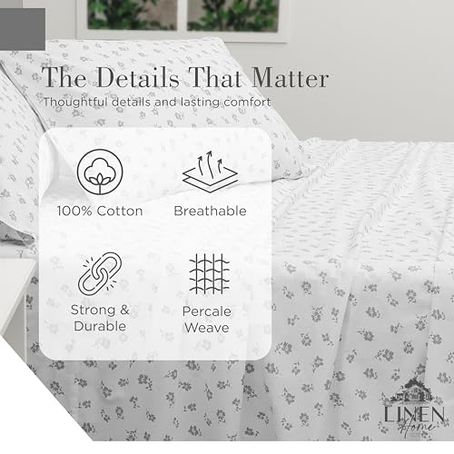 Image of Linen Home 100% Cotton Printed Percale Sheet Set Queen Size, 4 Piece Deep Pocket Floral Bedding, Crisp Cool & Breathable, Fade-Resistant Design, Hotel Luxury, Long-Staple Cotton, Grey Silhouette