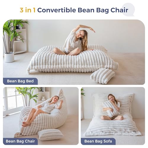 Image of MAXYOYO Giant Bean Bag Chair with Pillow, 3 in 1 Convertible Bean Bag Chair for Adults with Removable Cover, Floor Cushion Stuffed Floor Lounger for Living Room Bedroom, Beige