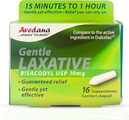 AVEDANA Bisacodyl Laxative Suppository | USP 10mg for Fast Gentle Constipation Relief | Comfort-Shaped Pack of 16 Suppositories