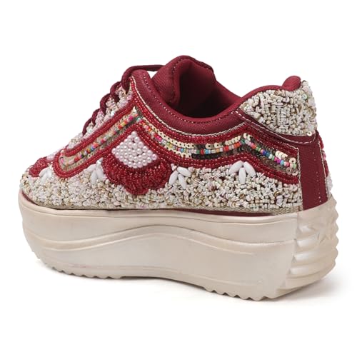 Image of LENSBURY Women Hand Embroidery Wedding Party Bridal Floral High Heel Sneakers I Cushioned Insole I Comfortable Wear Wedge Shoes I for Ladies and Girls LBCNV4037