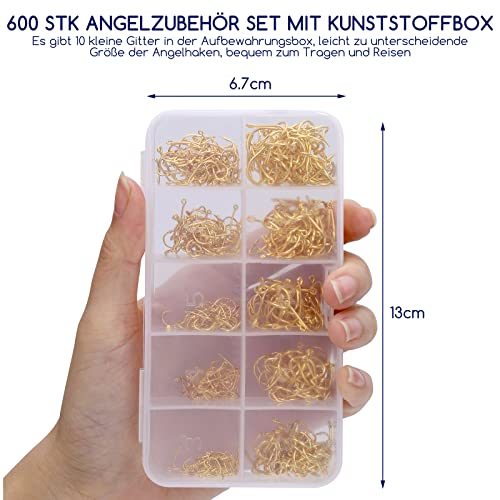 600 Angelhaken Set in 10 Größen (#3 - #12), Angelzubehör Set mit Öse und Kunststoffbox für Angler, Korrosionsbeständiger… – Bild 6