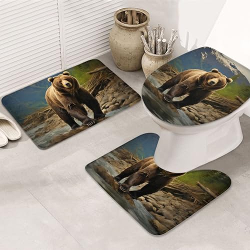 Dwrepo Brown Bear Print Bathroom Rug Set 3 Piece with Non-Slip U-Shaped Contour Mat and Toilet Lid Cover for Bathroom Decoration