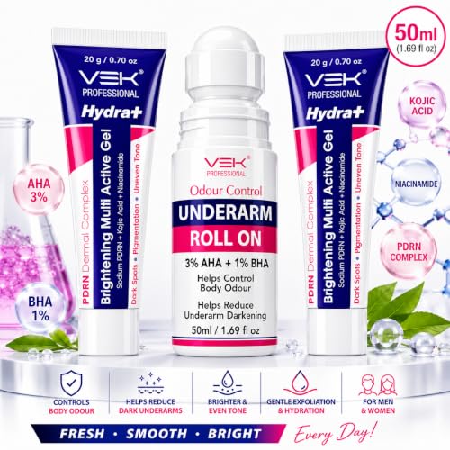 Image of VSK Professional Underarm Roll On with 3% AHA + 1% BHA & Brightening Multi Active Gel with PDRN, Alpha Arbutin & Niacinamide | Helps Control Body Odour & Improve Appearance of Dark Underarms | 50ml + 40g