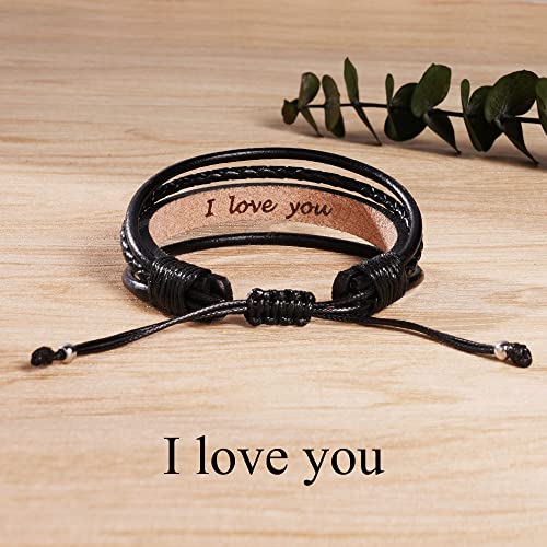 Leather Bracelets for Men Women Inspirational Gifts for Him Her Handmade Black Braided Motivational Birthday Gift for Boyfriend Husband Dad Anniversary Christmas Mens Stocking Stuffers