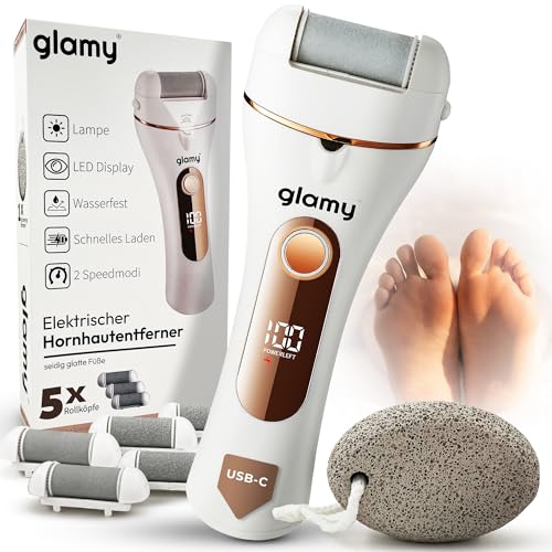 Glamy Elektrischer Hornhautentferner mit 5 Ersatzrollen, IPX6 wasserdicht, LED-Licht, 2 Stufen & Druck-Stopp, USB-C wiederaufladbar, inkl. Bimsstein